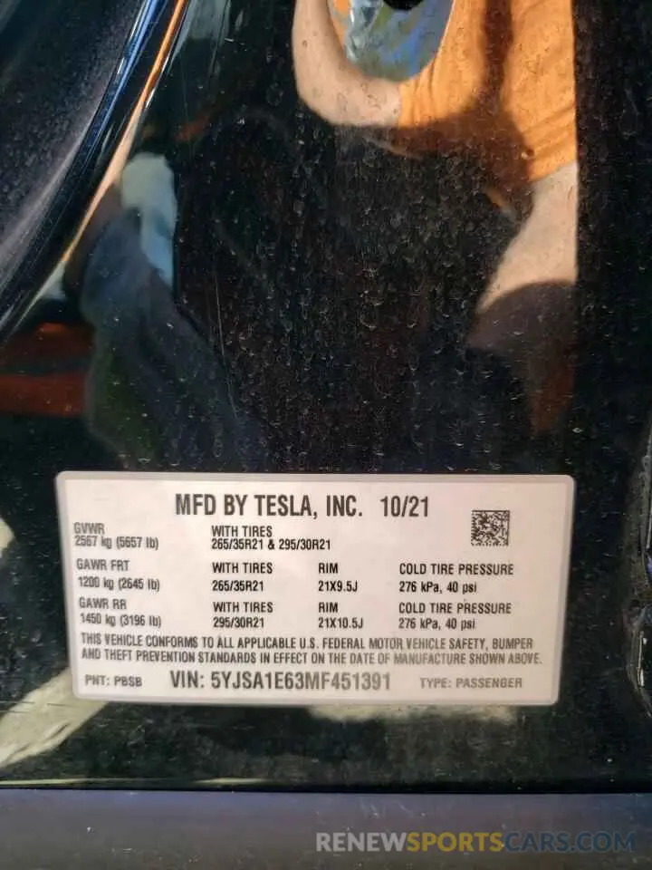 12 Photograph of a damaged car 5YJSA1E63MF451391 TESLA MODEL S 2021
