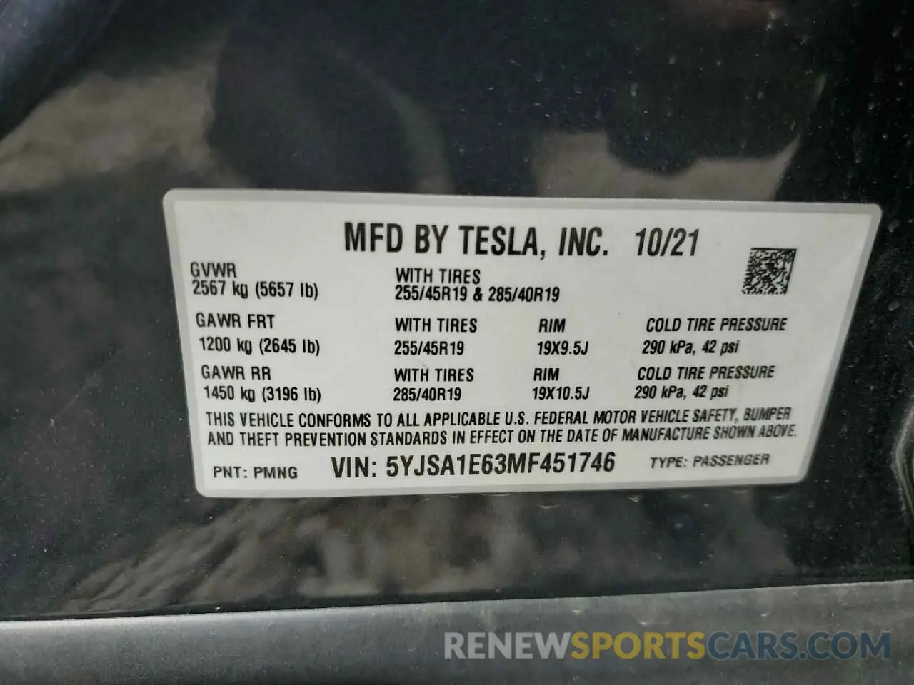 13 Photograph of a damaged car 5YJSA1E63MF451746 TESLA MODEL S 2021