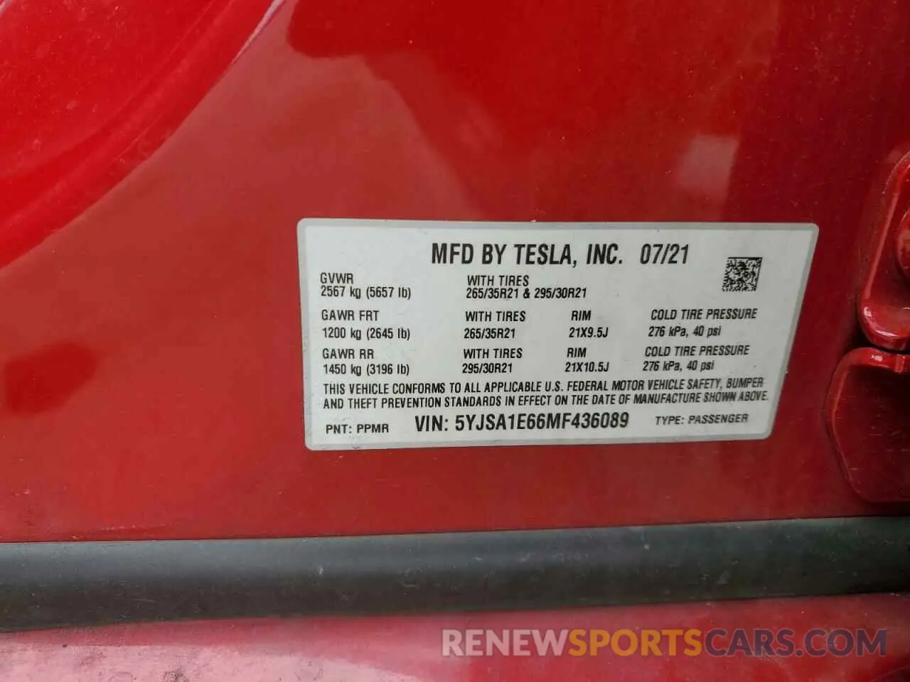 14 Photograph of a damaged car 5YJSA1E66MF436089 TESLA MODEL S 2021