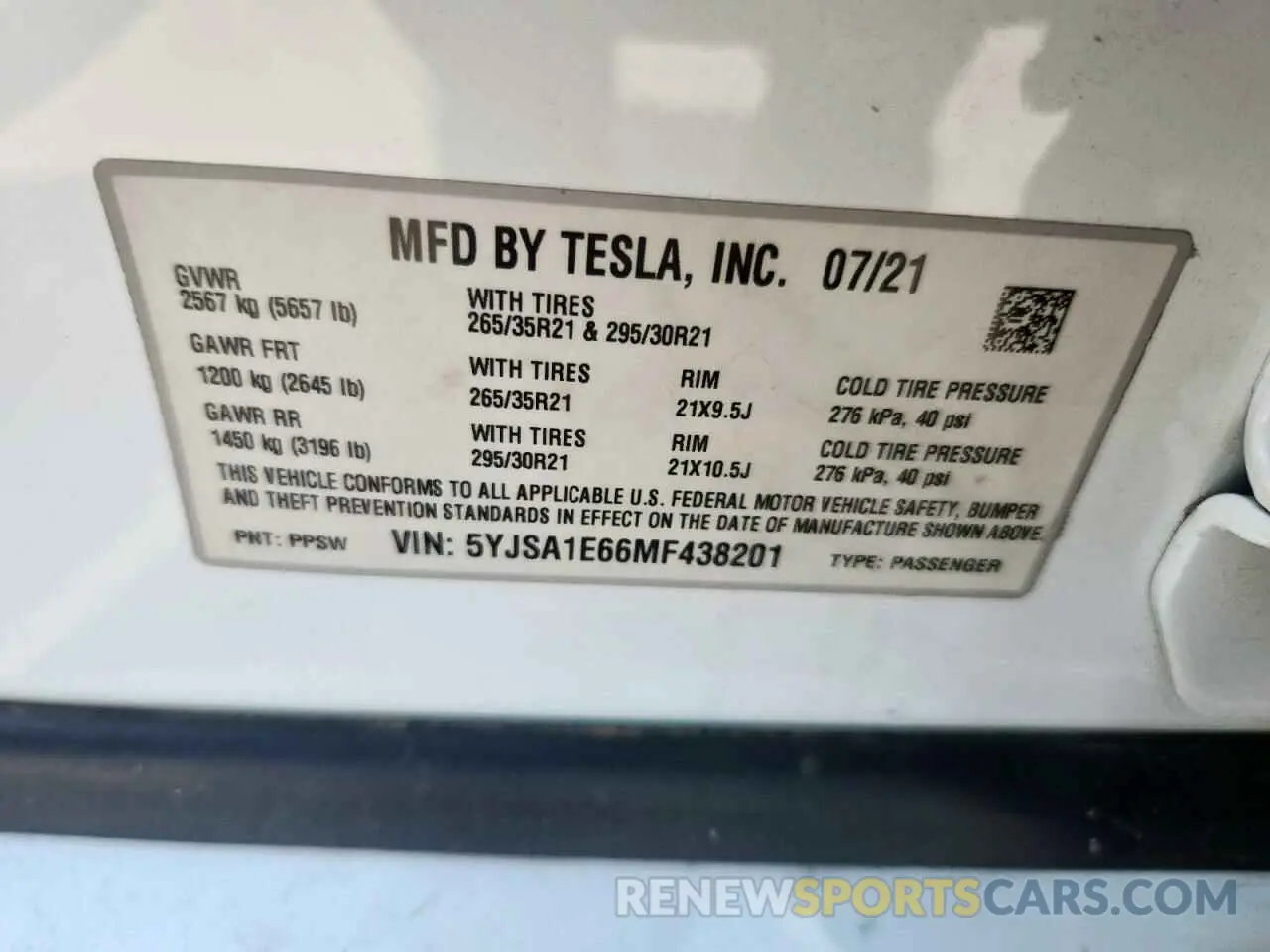 13 Photograph of a damaged car 5YJSA1E66MF438201 TESLA MODEL S 2021