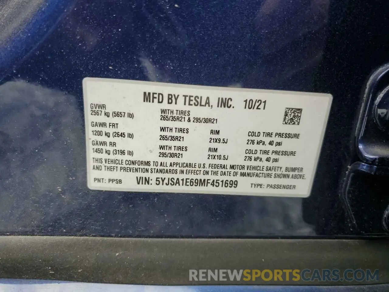 12 Photograph of a damaged car 5YJSA1E69MF451699 TESLA MODEL S 2021