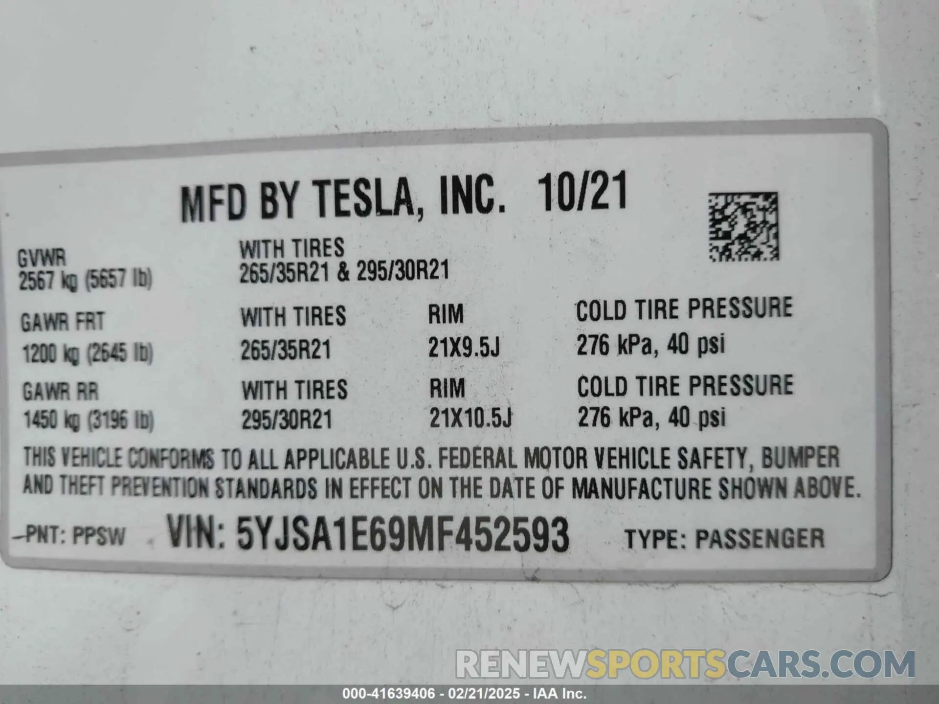 9 Photograph of a damaged car 5YJSA1E69MF452593 TESLA MODEL S 2021