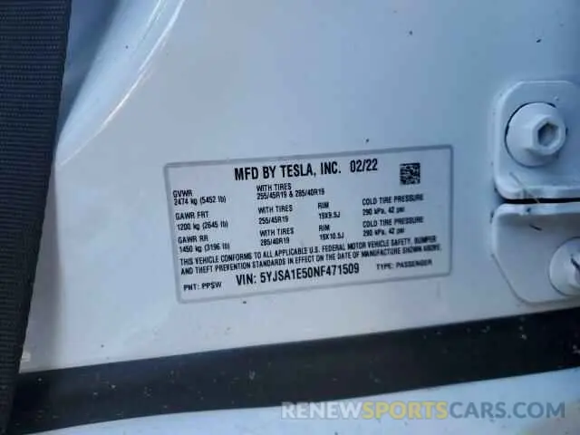 13 Photograph of a damaged car 5YJSA1E50NF471509 TESLA MODEL S 2022
