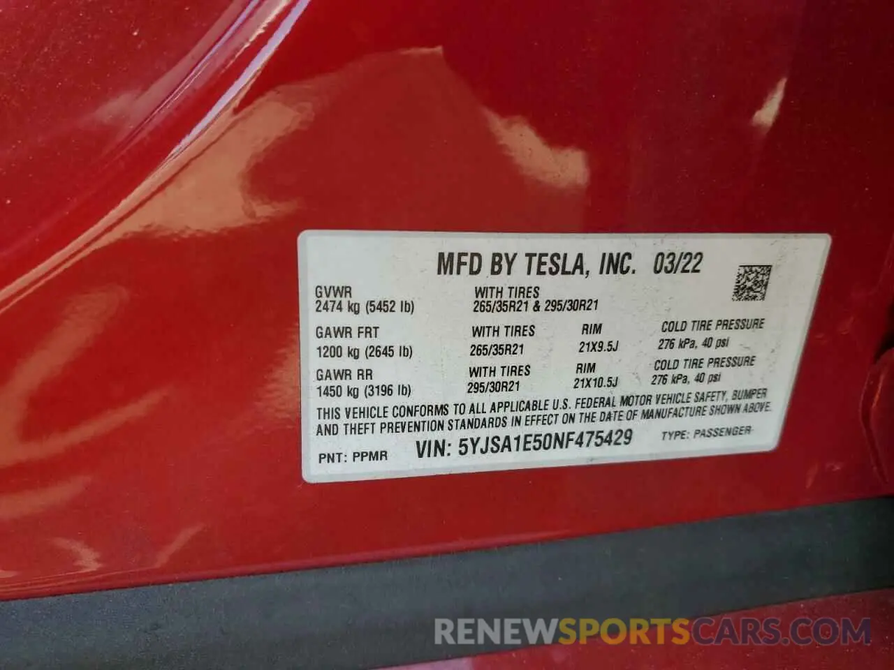13 Photograph of a damaged car 5YJSA1E50NF475429 TESLA MODEL S 2022