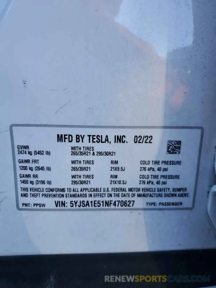 12 Photograph of a damaged car 5YJSA1E51NF470627 TESLA MODEL S 2022