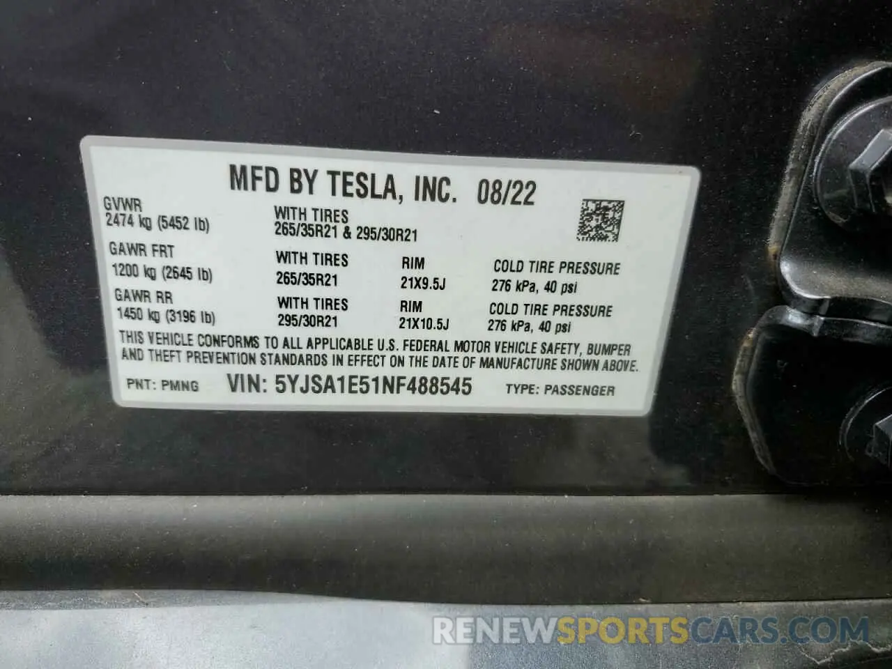 13 Photograph of a damaged car 5YJSA1E51NF488545 TESLA MODEL S 2022