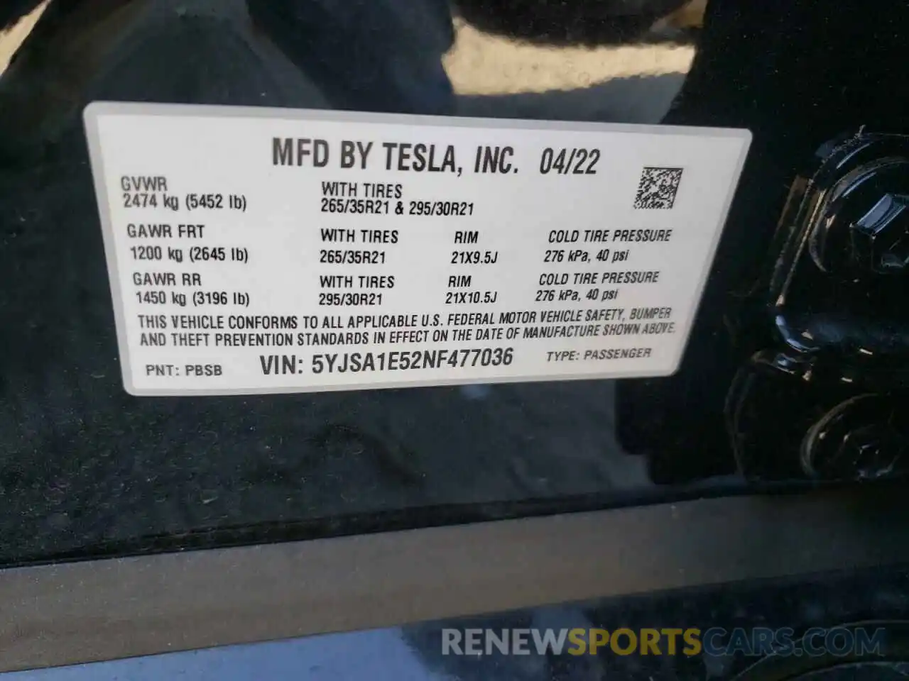 10 Photograph of a damaged car 5YJSA1E52NF477036 TESLA MODEL S 2022