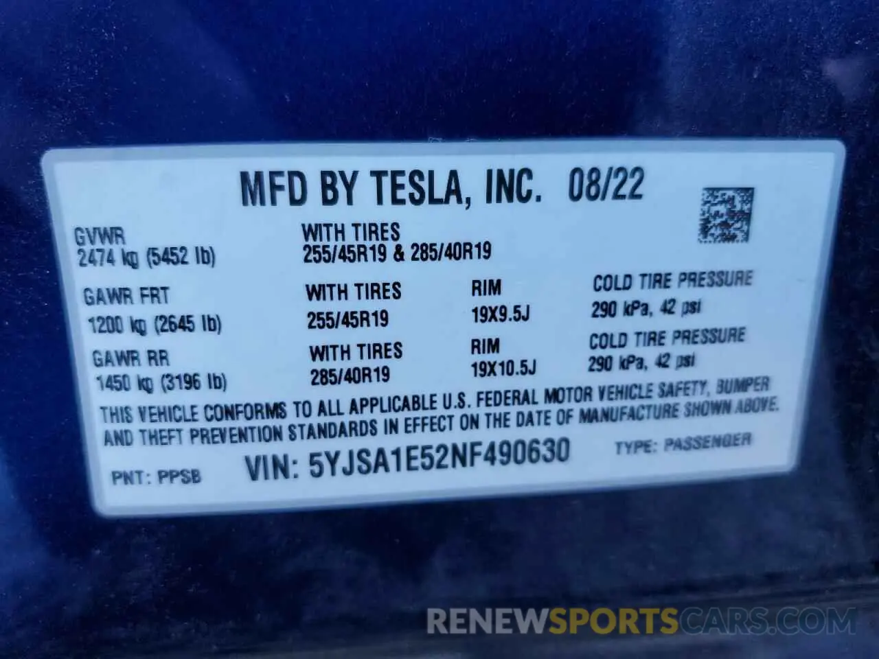 12 Photograph of a damaged car 5YJSA1E52NF490630 TESLA MODEL S 2022