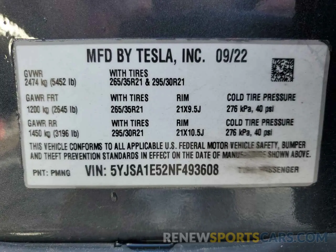 13 Photograph of a damaged car 5YJSA1E52NF493608 TESLA MODEL S 2022