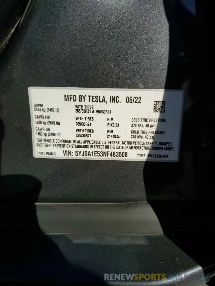 13 Photograph of a damaged car 5YJSA1E53NF483508 TESLA MODEL S 2022
