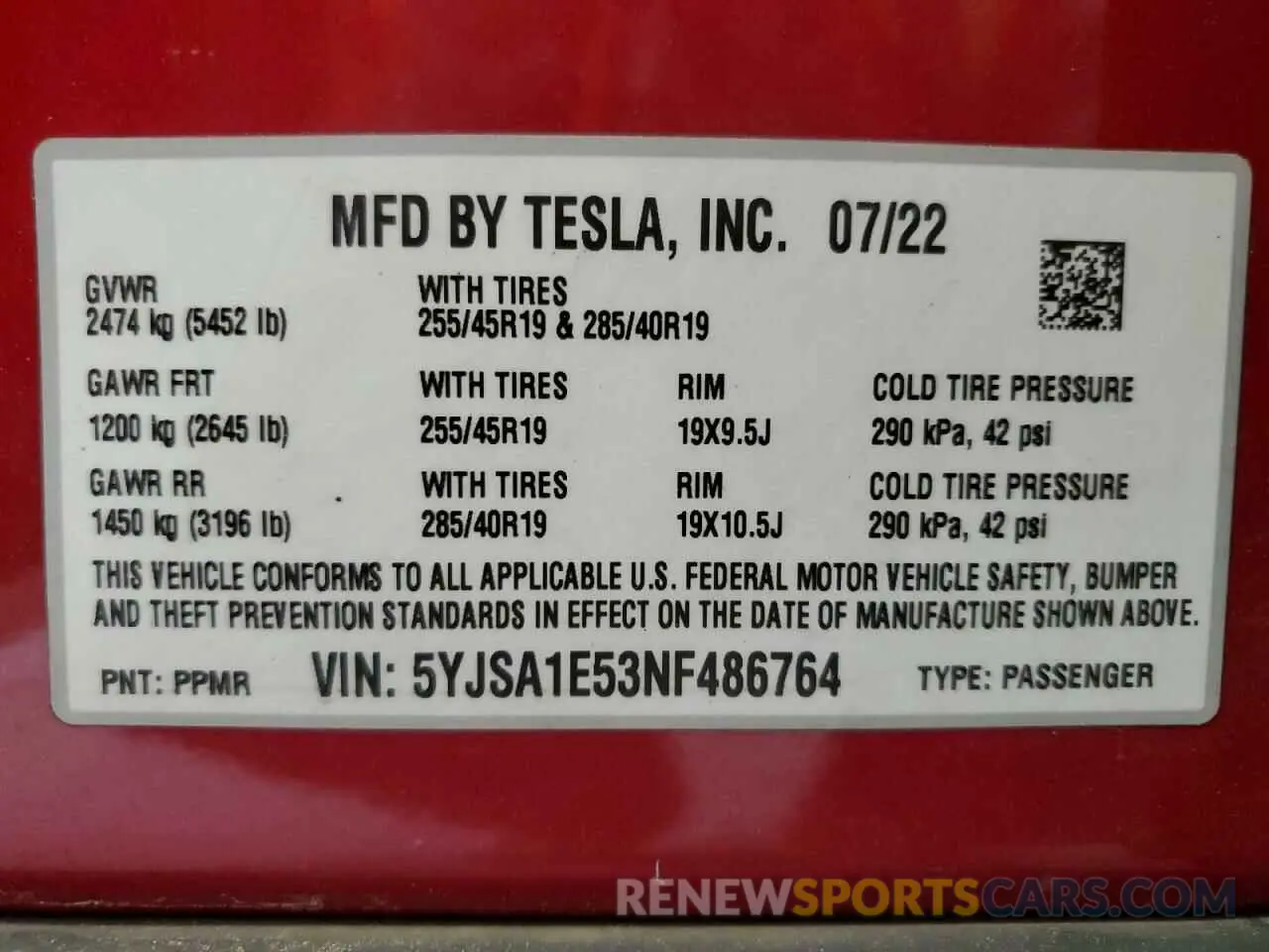 14 Photograph of a damaged car 5YJSA1E53NF486764 TESLA MODEL S 2022