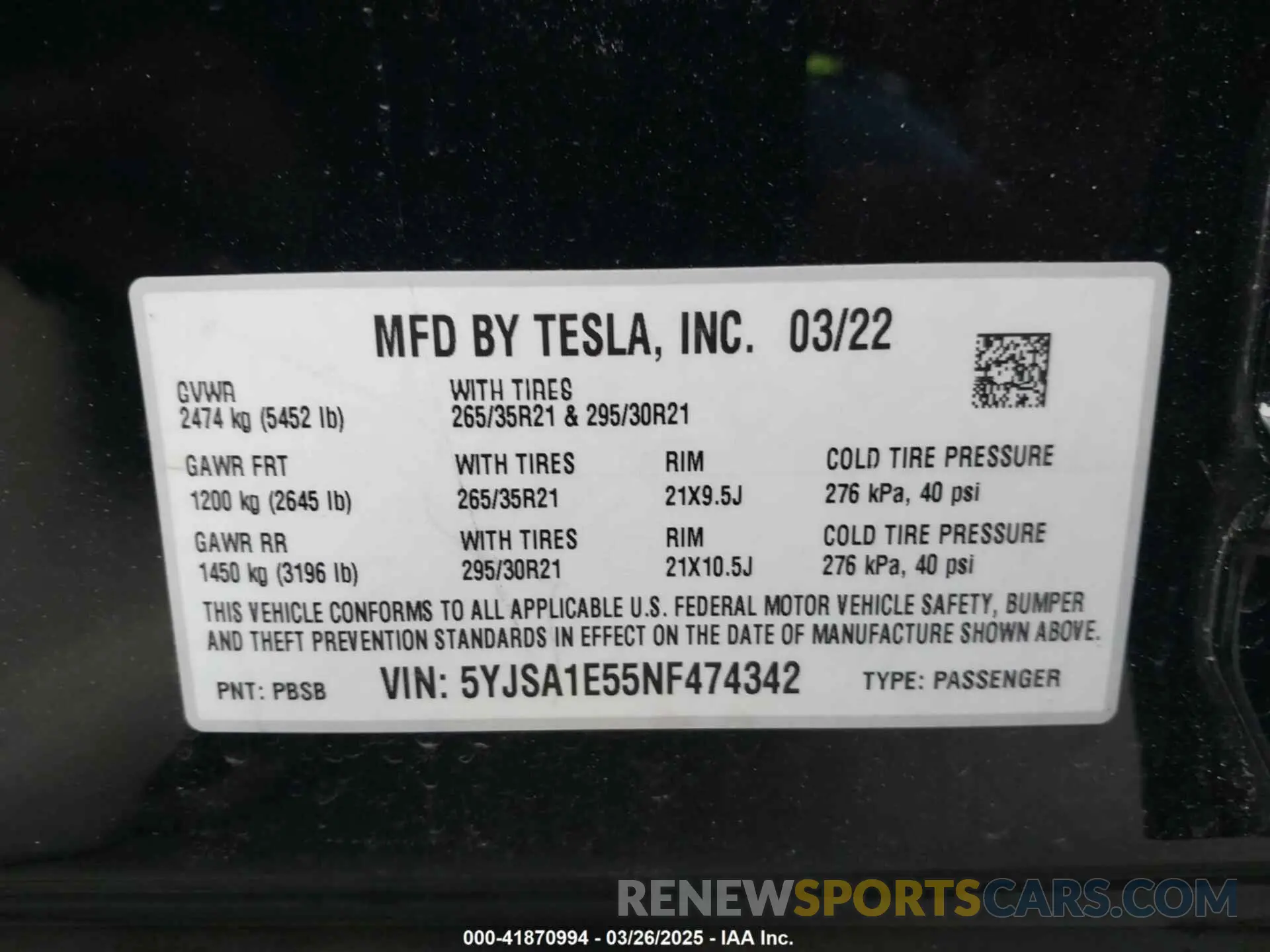 9 Photograph of a damaged car 5YJSA1E55NF474342 TESLA MODEL S 2022