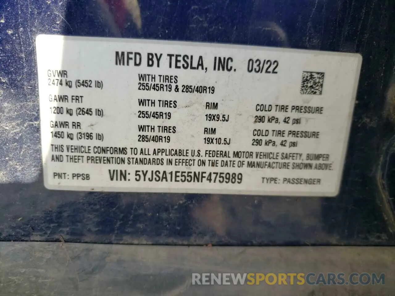14 Photograph of a damaged car 5YJSA1E55NF475989 TESLA MODEL S 2022
