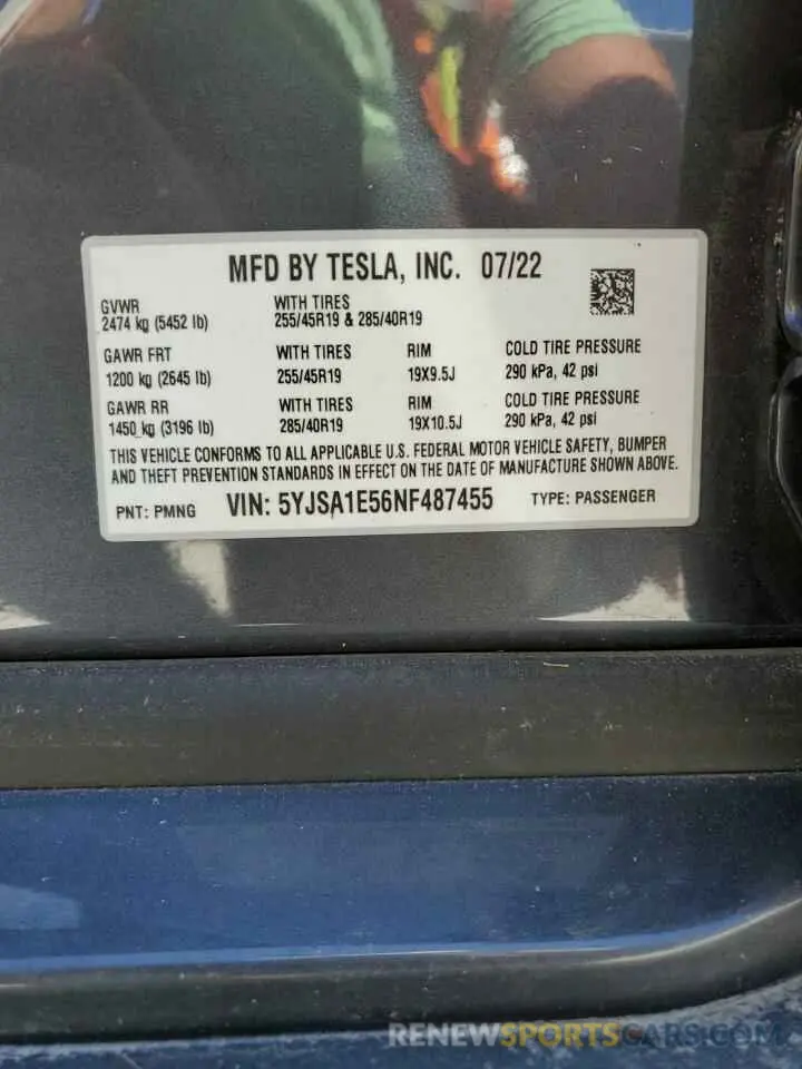 13 Photograph of a damaged car 5YJSA1E56NF487455 TESLA MODEL S 2022