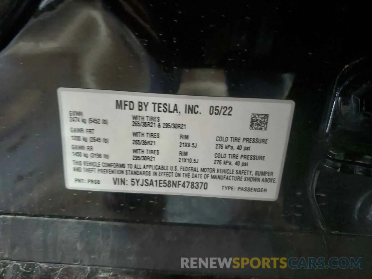 13 Photograph of a damaged car 5YJSA1E58NF478370 TESLA MODEL S 2022