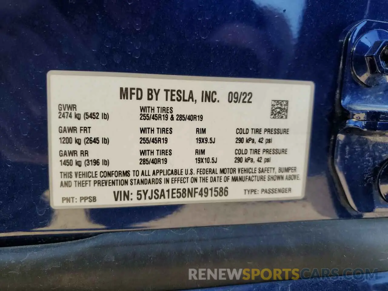 13 Photograph of a damaged car 5YJSA1E58NF491586 TESLA MODEL S 2022