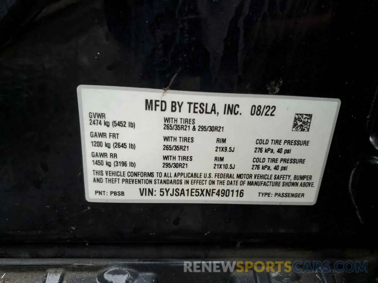 12 Photograph of a damaged car 5YJSA1E5XNF490116 TESLA MODEL S 2022