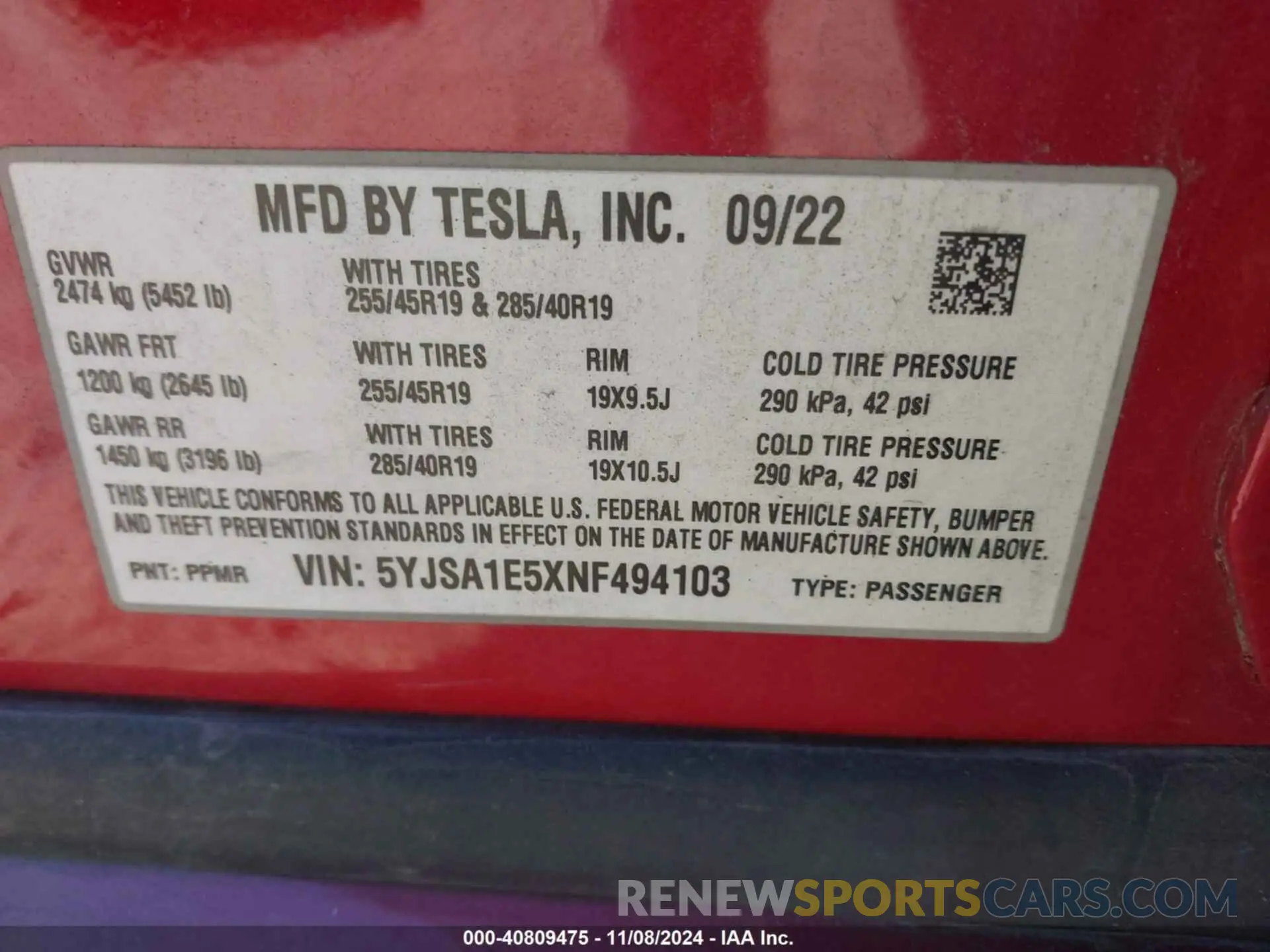 9 Photograph of a damaged car 5YJSA1E5XNF494103 TESLA MODEL S 2022