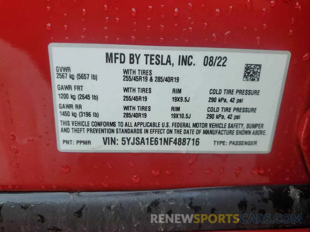 14 Photograph of a damaged car 5YJSA1E61NF488716 TESLA MODEL S 2022