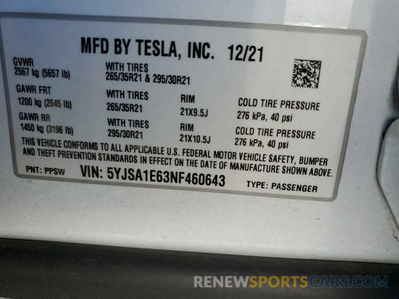 12 Photograph of a damaged car 5YJSA1E63NF460643 TESLA MODEL S 2022