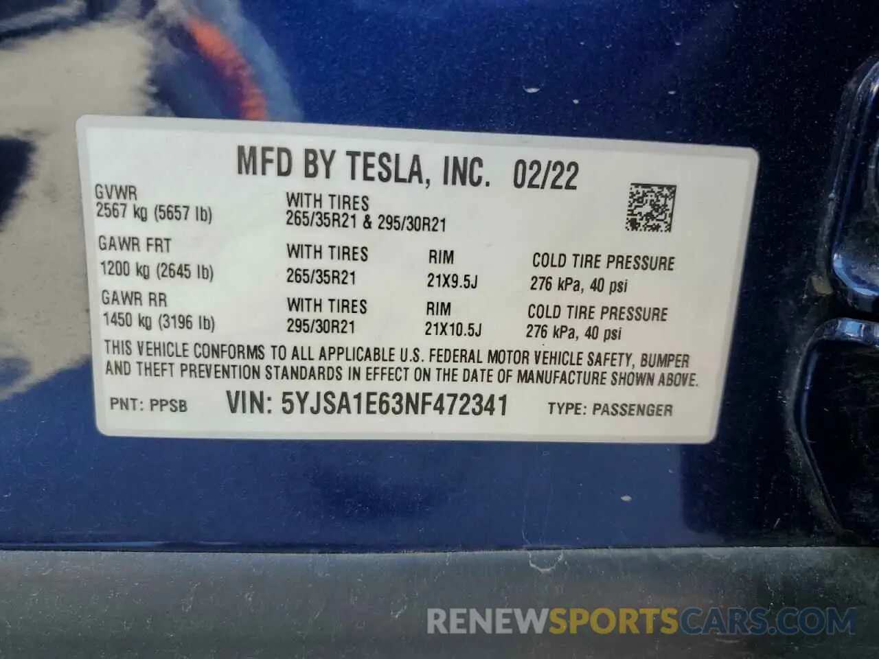 13 Photograph of a damaged car 5YJSA1E63NF472341 TESLA MODEL S 2022