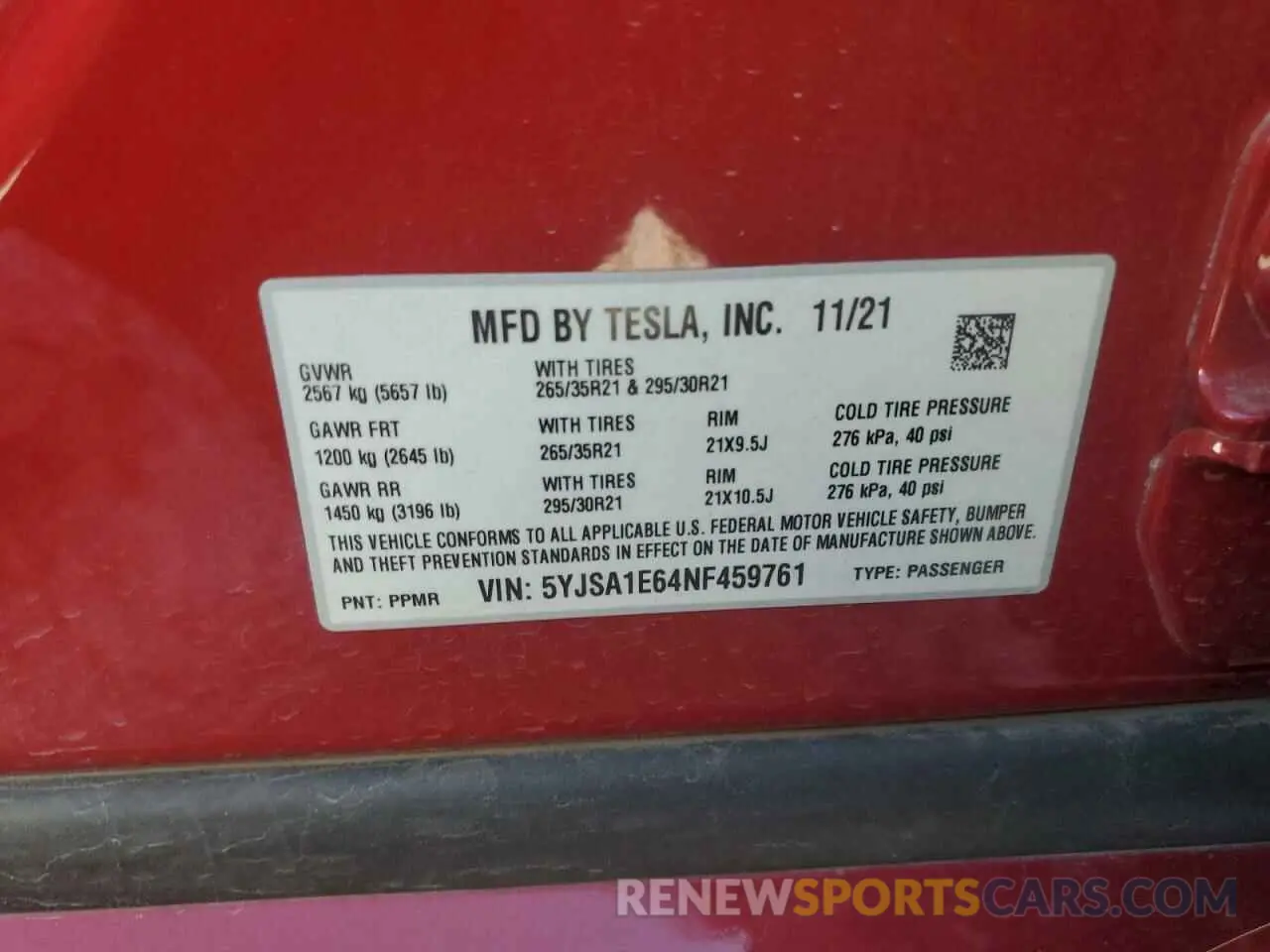 12 Photograph of a damaged car 5YJSA1E64NF459761 TESLA MODEL S 2022