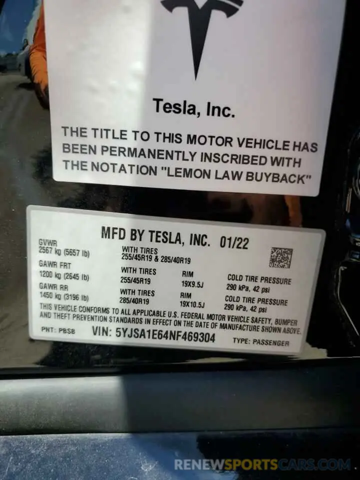 13 Photograph of a damaged car 5YJSA1E64NF469304 TESLA MODEL S 2022