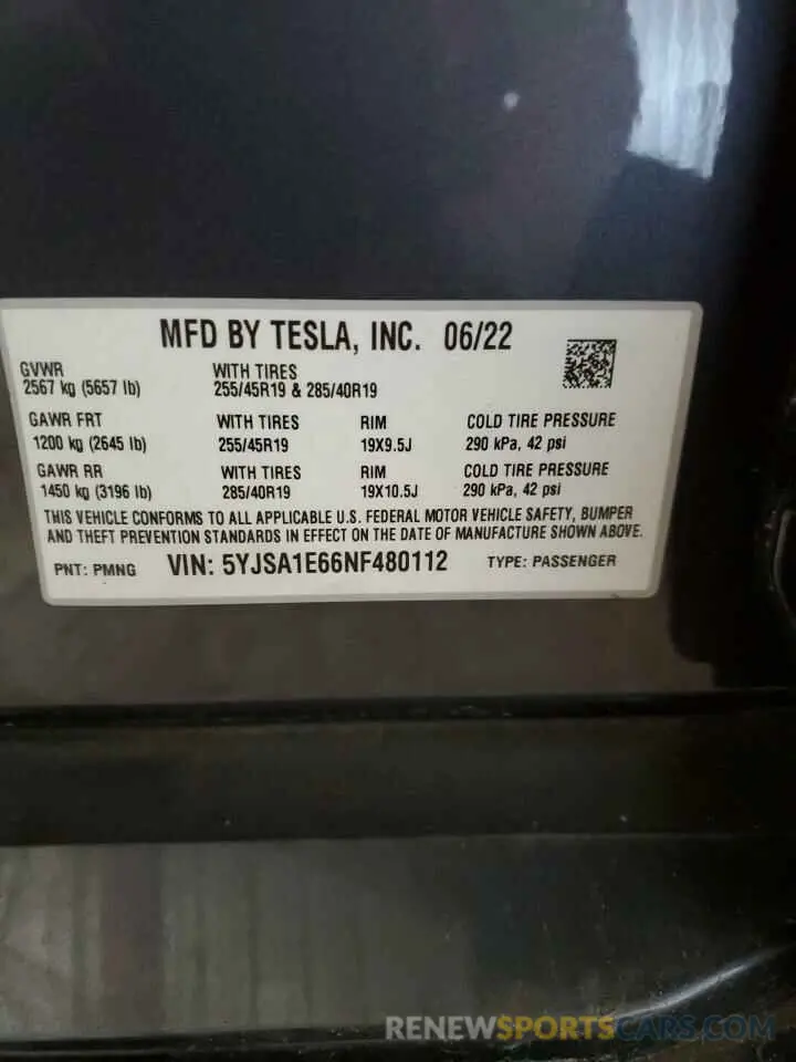 12 Photograph of a damaged car 5YJSA1E66NF480112 TESLA MODEL S 2022