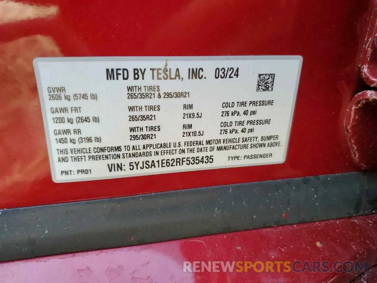 14 Photograph of a damaged car 5YJSA1E62RF535435 TESLA MODEL S 2024