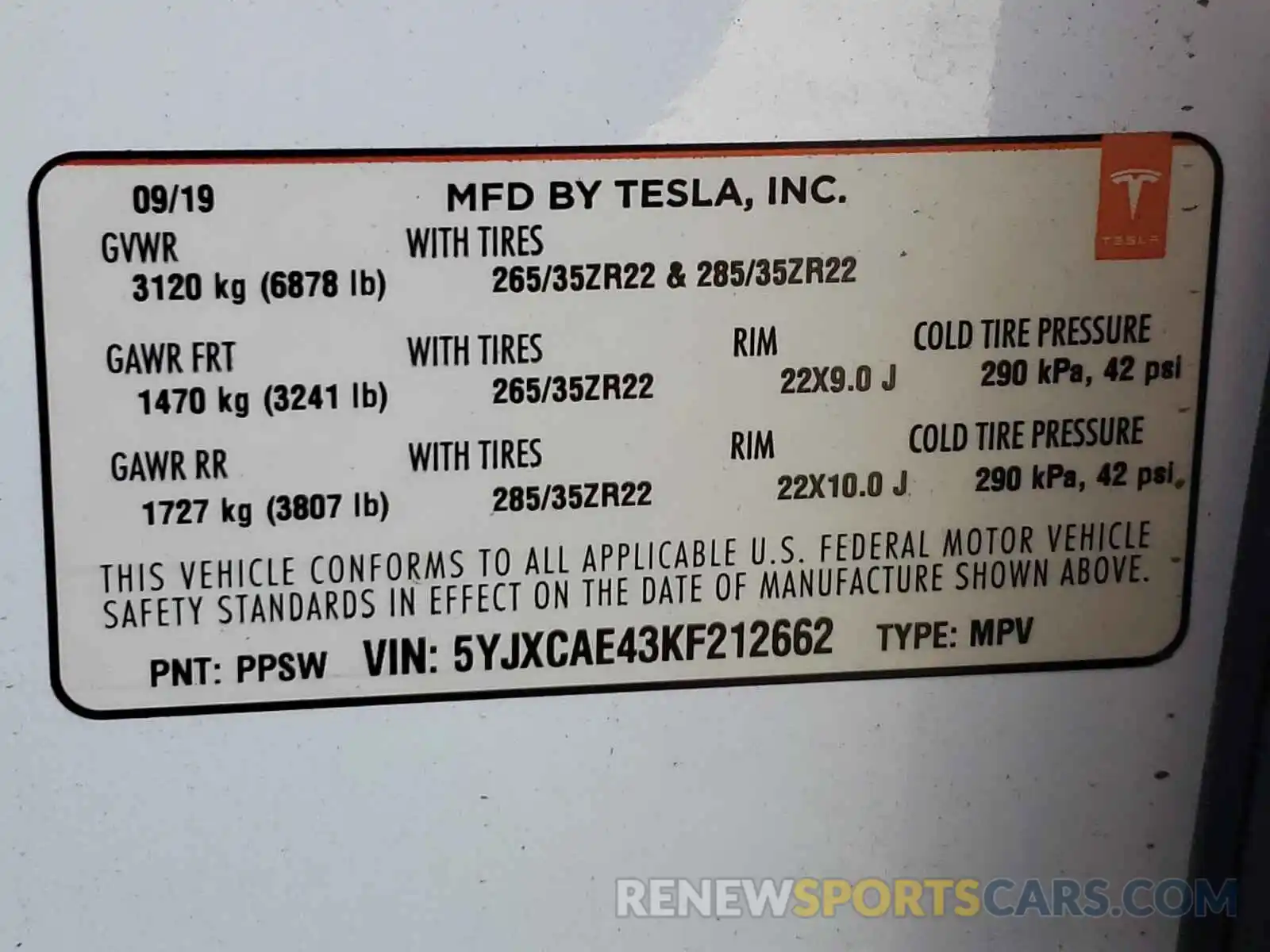 10 Photograph of a damaged car 5YJXCAE43KF212662 TESLA MODEL X 2019