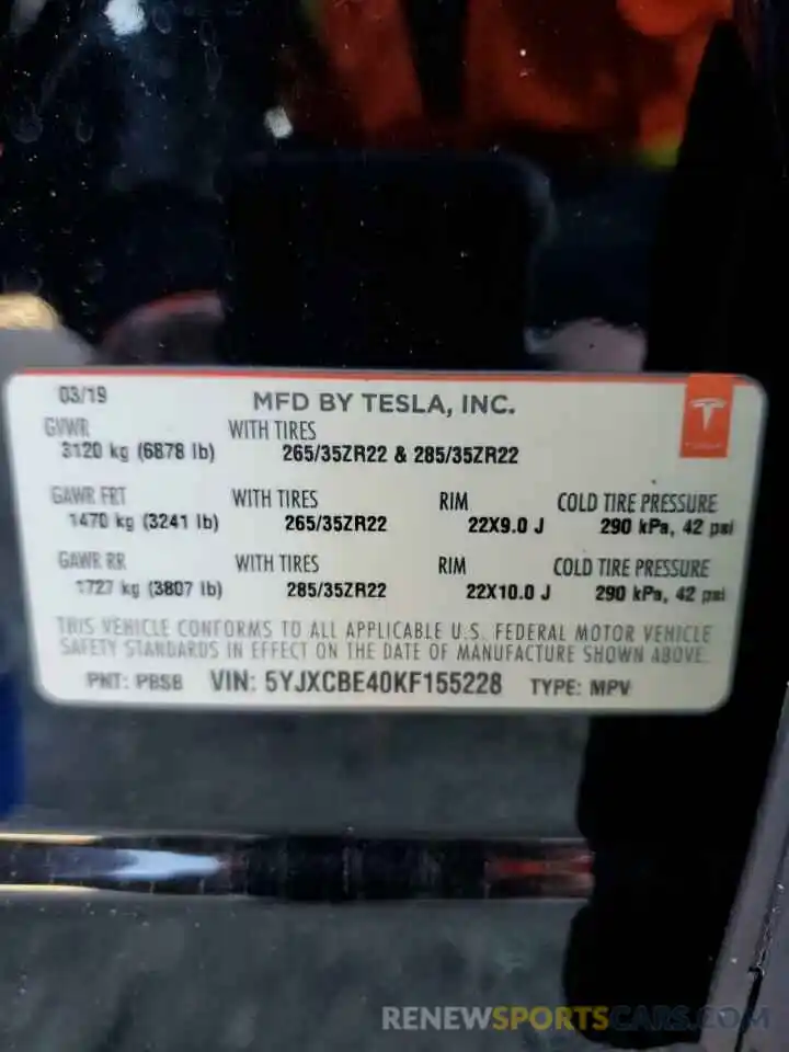 14 Photograph of a damaged car 5YJXCBE40KF155228 TESLA MODEL X 2019