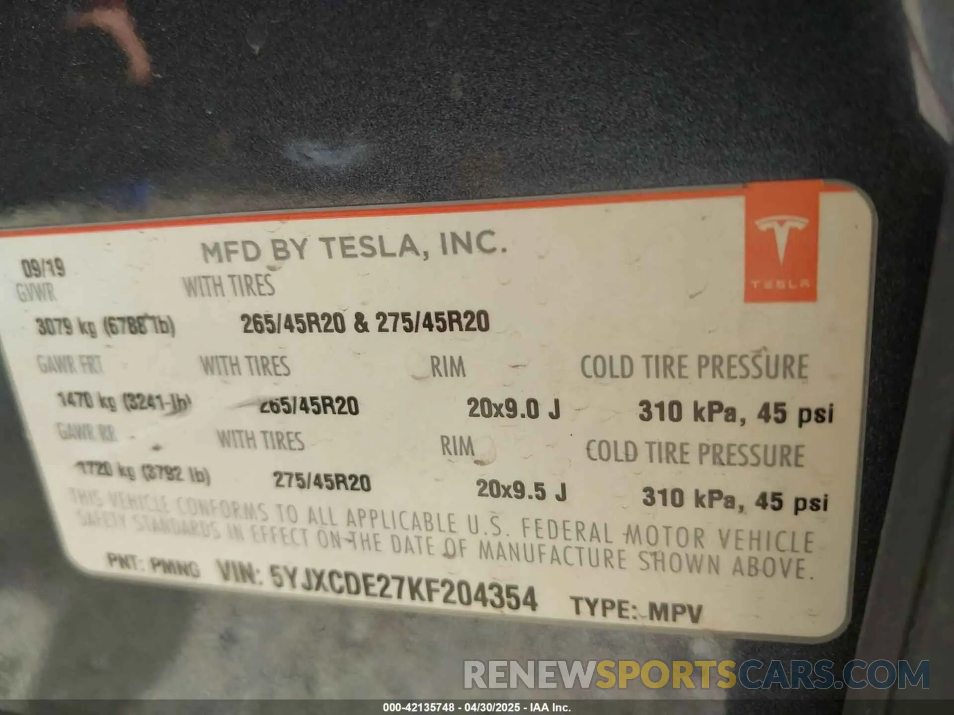 9 Photograph of a damaged car 5YJXCDE27KF204354 TESLA MODEL X 2019