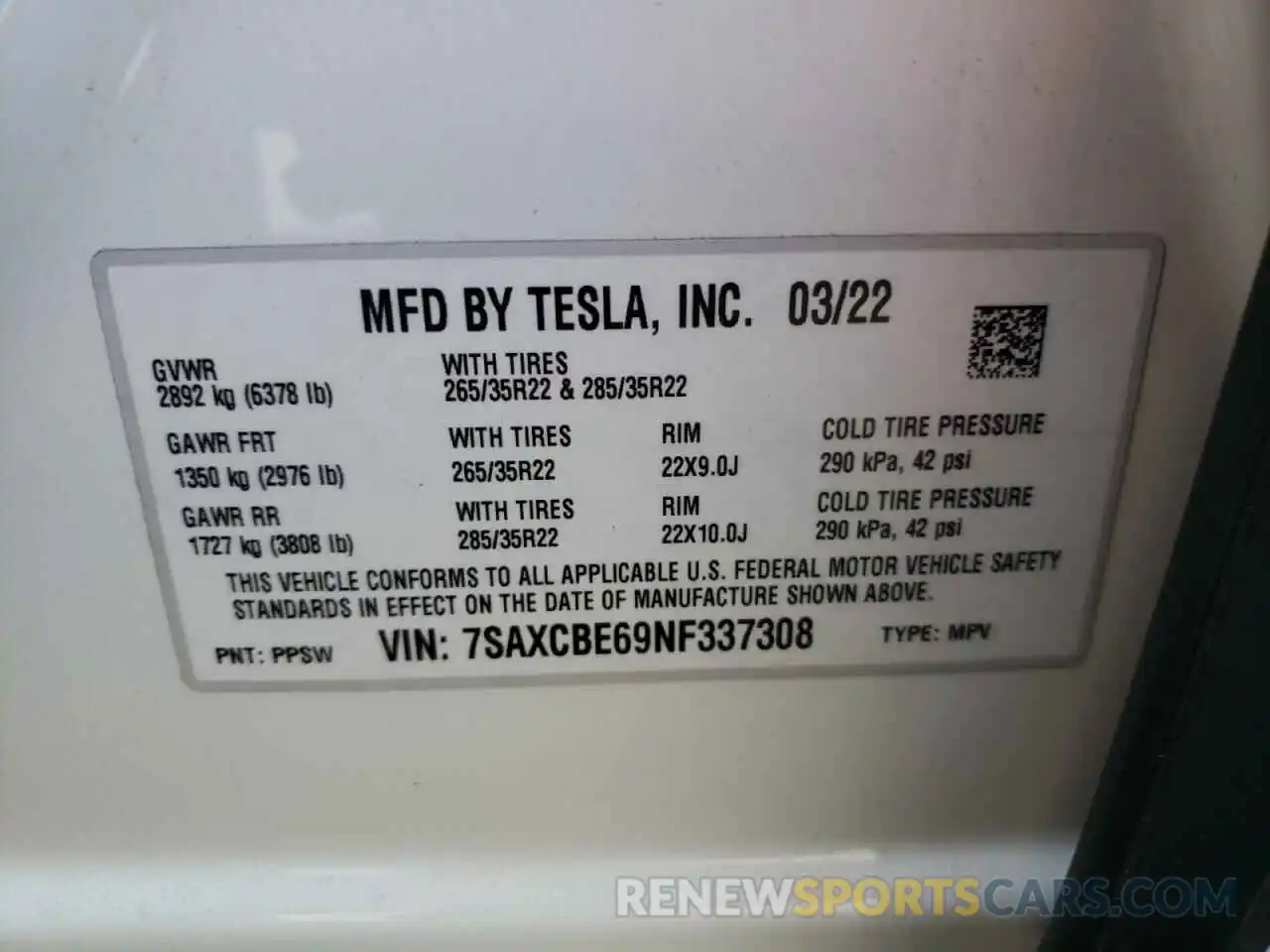 10 Photograph of a damaged car 7SAXCBE69NF337308 TESLA MODEL X 2022