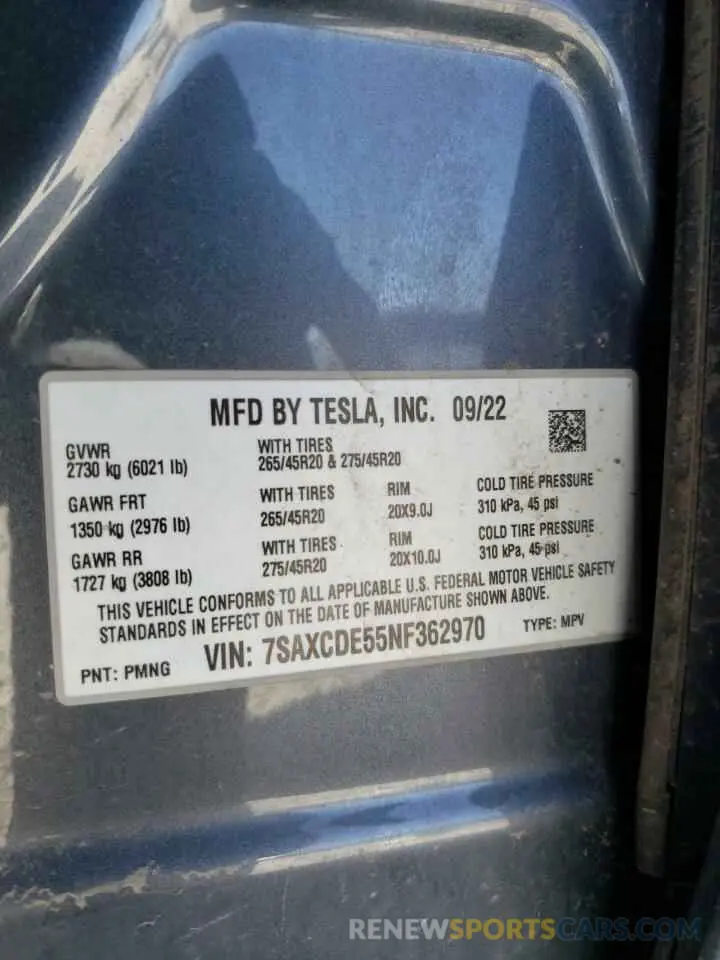 15 Photograph of a damaged car 7SAXCDE55NF362970 TESLA MODEL X 2022