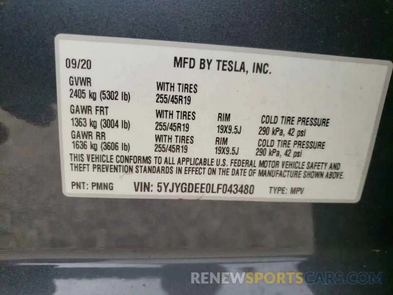 10 Photograph of a damaged car 5YJYGDEE0LF043480 TESLA MODEL Y 2020