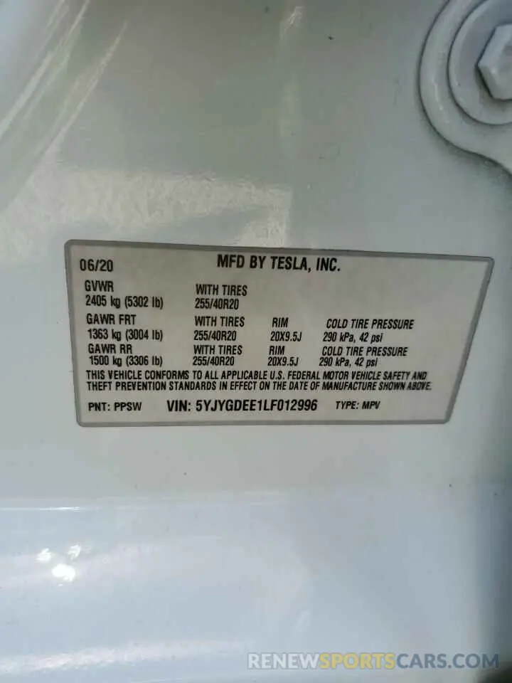 12 Photograph of a damaged car 5YJYGDEE1LF012996 TESLA MODEL Y 2020