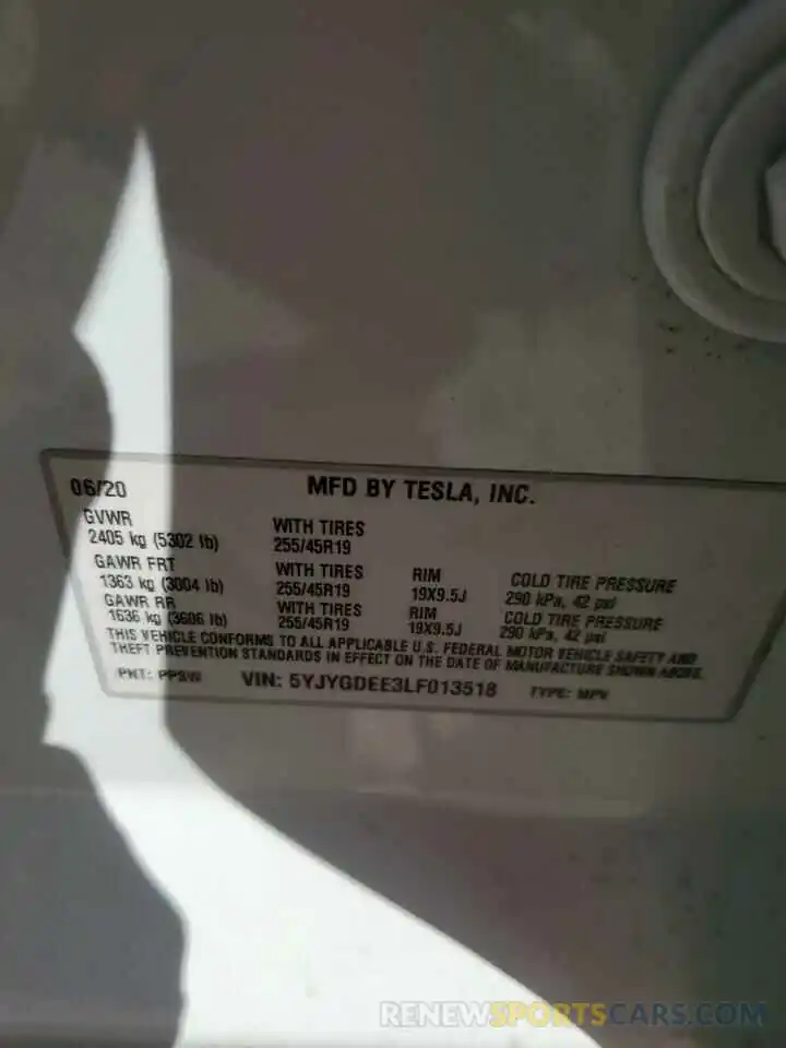 10 Photograph of a damaged car 5YJYGDEE3LF013518 TESLA MODEL Y 2020