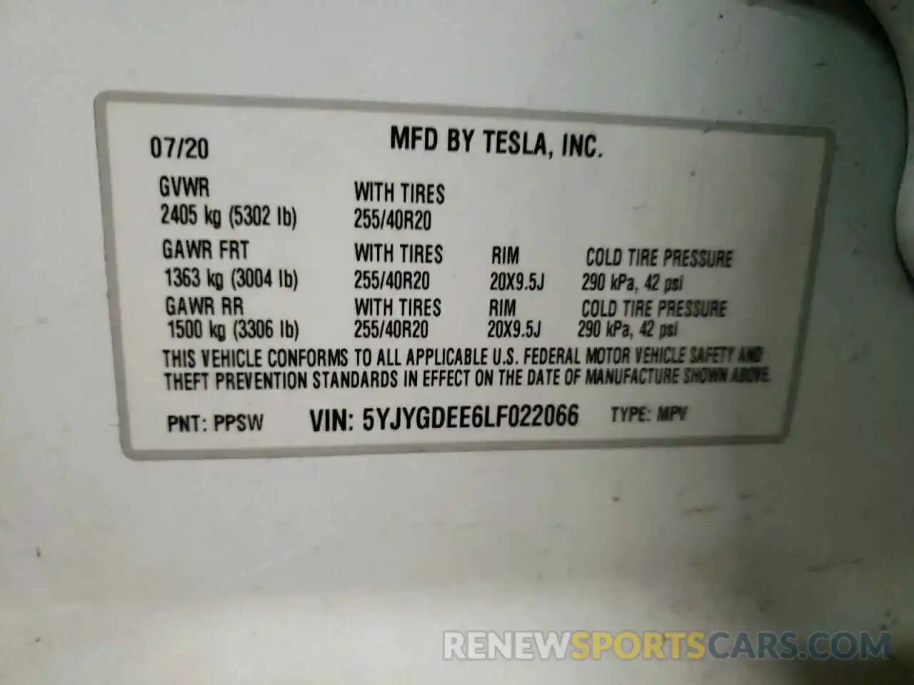 10 Photograph of a damaged car 5YJYGDEE6LF022066 TESLA MODEL Y 2020