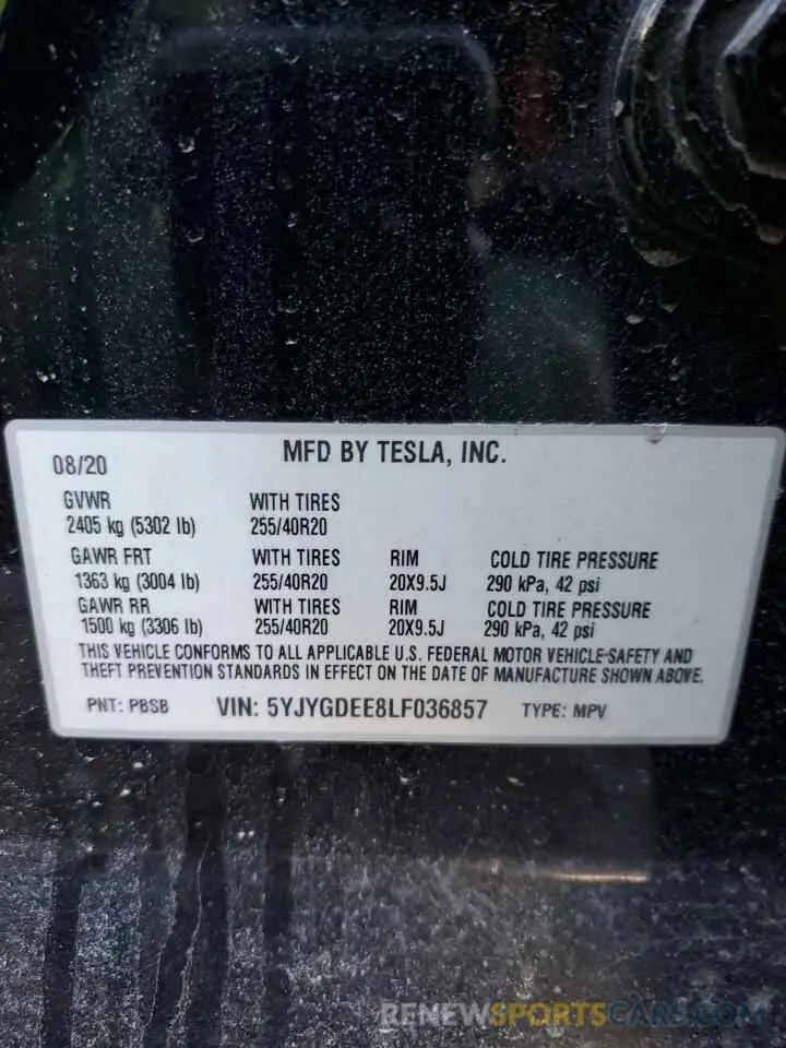 13 Photograph of a damaged car 5YJYGDEE8LF036857 TESLA MODEL Y 2020