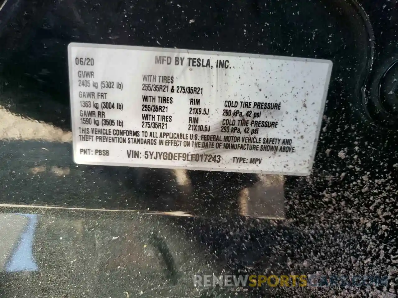 10 Photograph of a damaged car 5YJYGDEF9LF017243 TESLA MODEL Y 2020