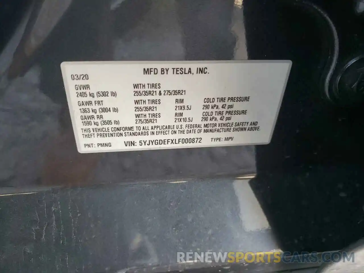 10 Photograph of a damaged car 5YJYGDEFXLF000872 TESLA MODEL Y 2020