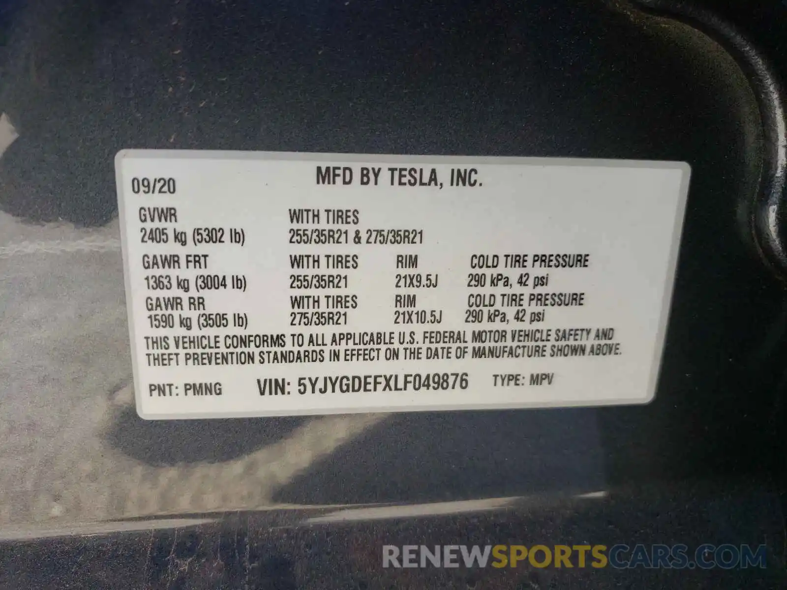 10 Photograph of a damaged car 5YJYGDEFXLF049876 TESLA MODEL Y 2020