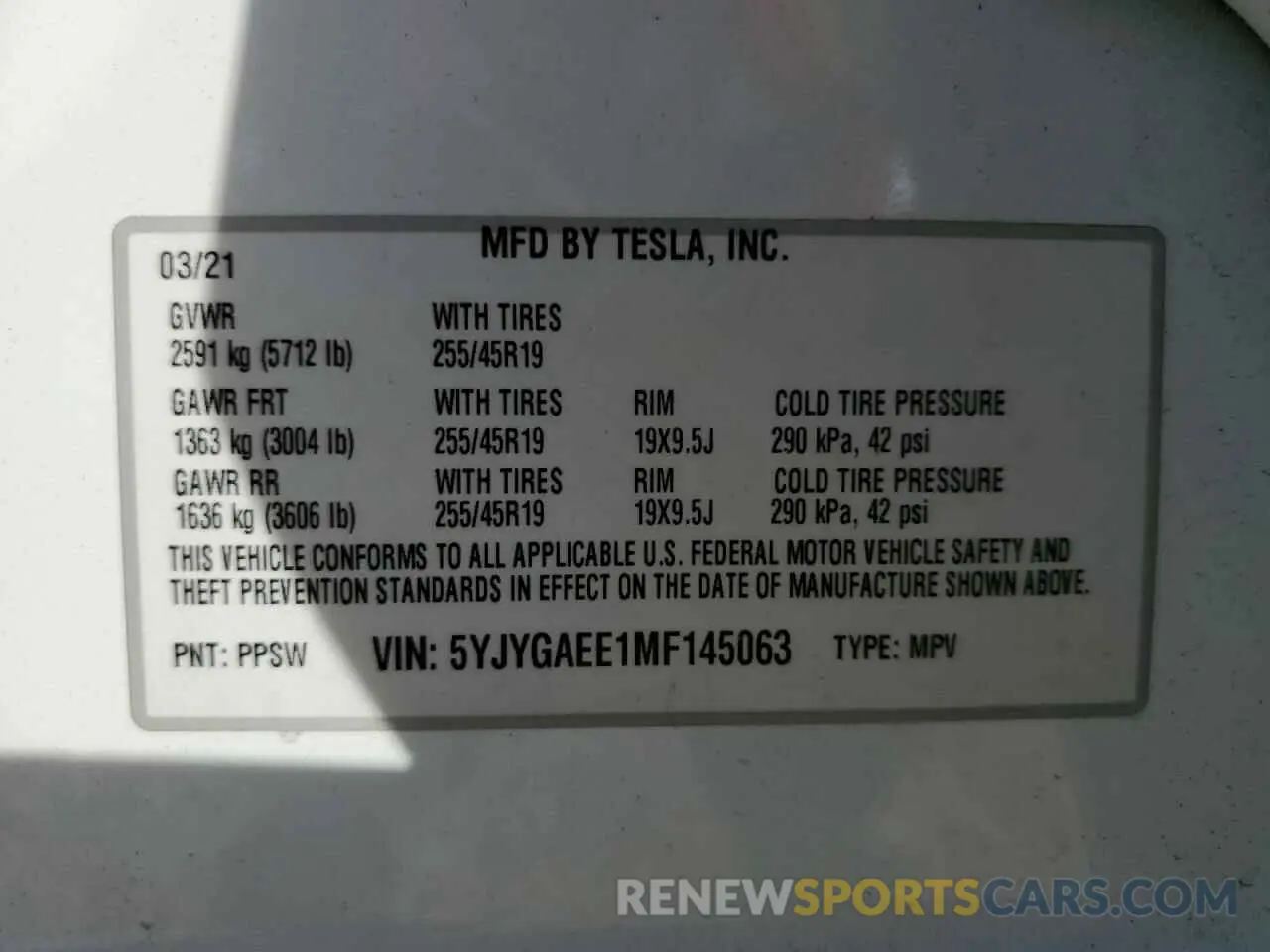 10 Photograph of a damaged car 5YJYGAEE1MF145063 TESLA MODEL Y 2021