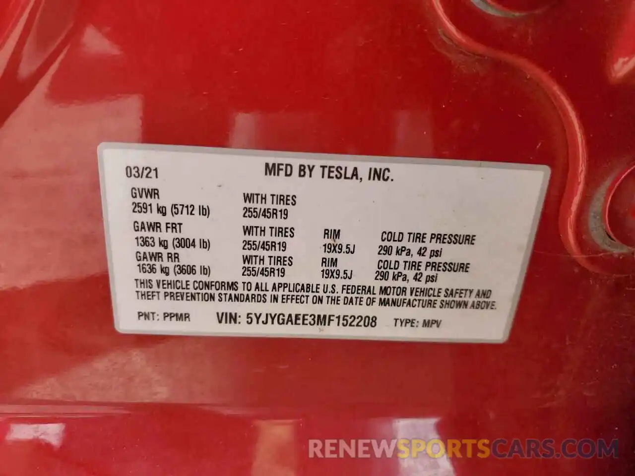 10 Photograph of a damaged car 5YJYGAEE3MF152208 TESLA MODEL Y 2021