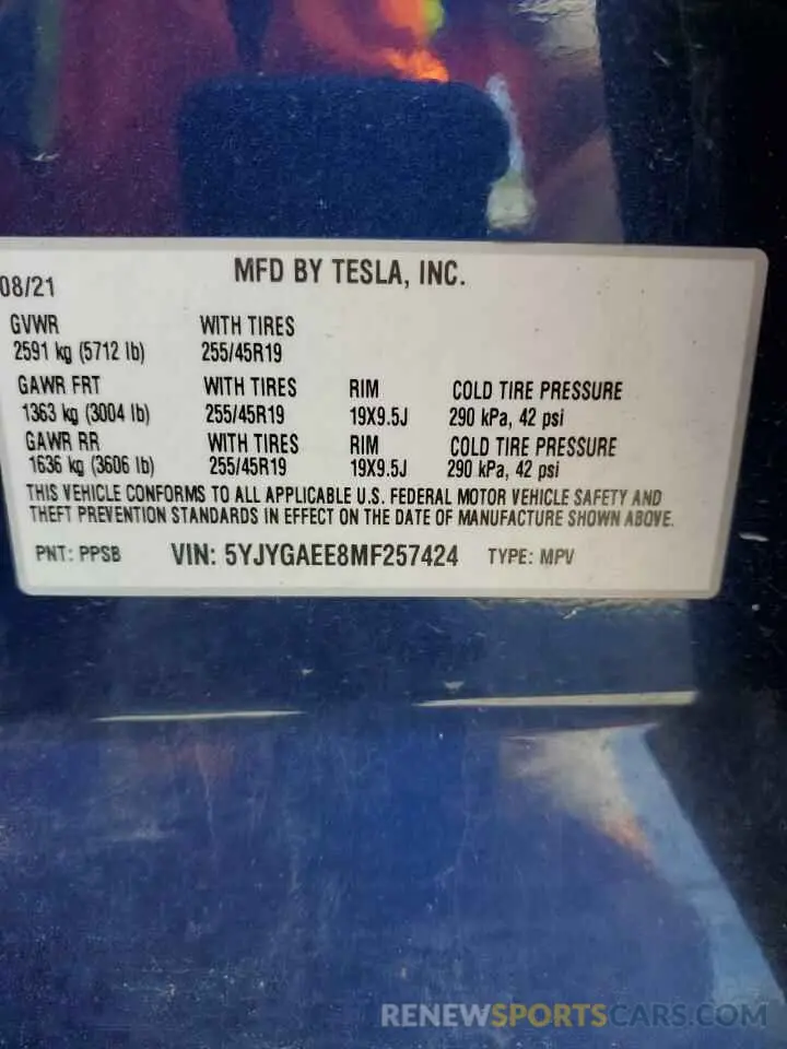 13 Photograph of a damaged car 5YJYGAEE8MF257424 TESLA MODEL Y 2021