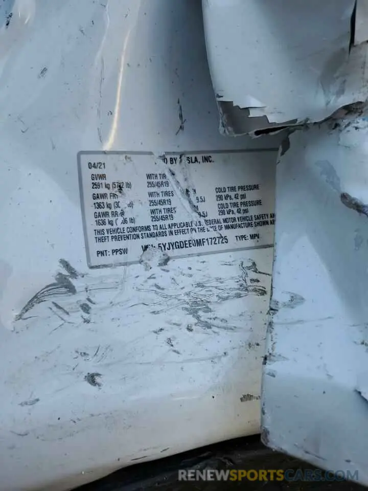 13 Photograph of a damaged car 5YJYGDEE0MF172725 TESLA MODEL Y 2021