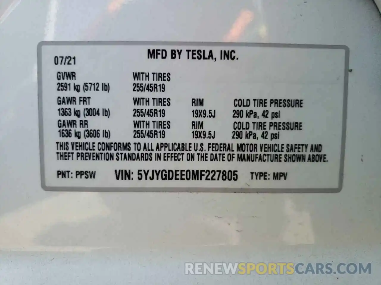 10 Photograph of a damaged car 5YJYGDEE0MF227805 TESLA MODEL Y 2021