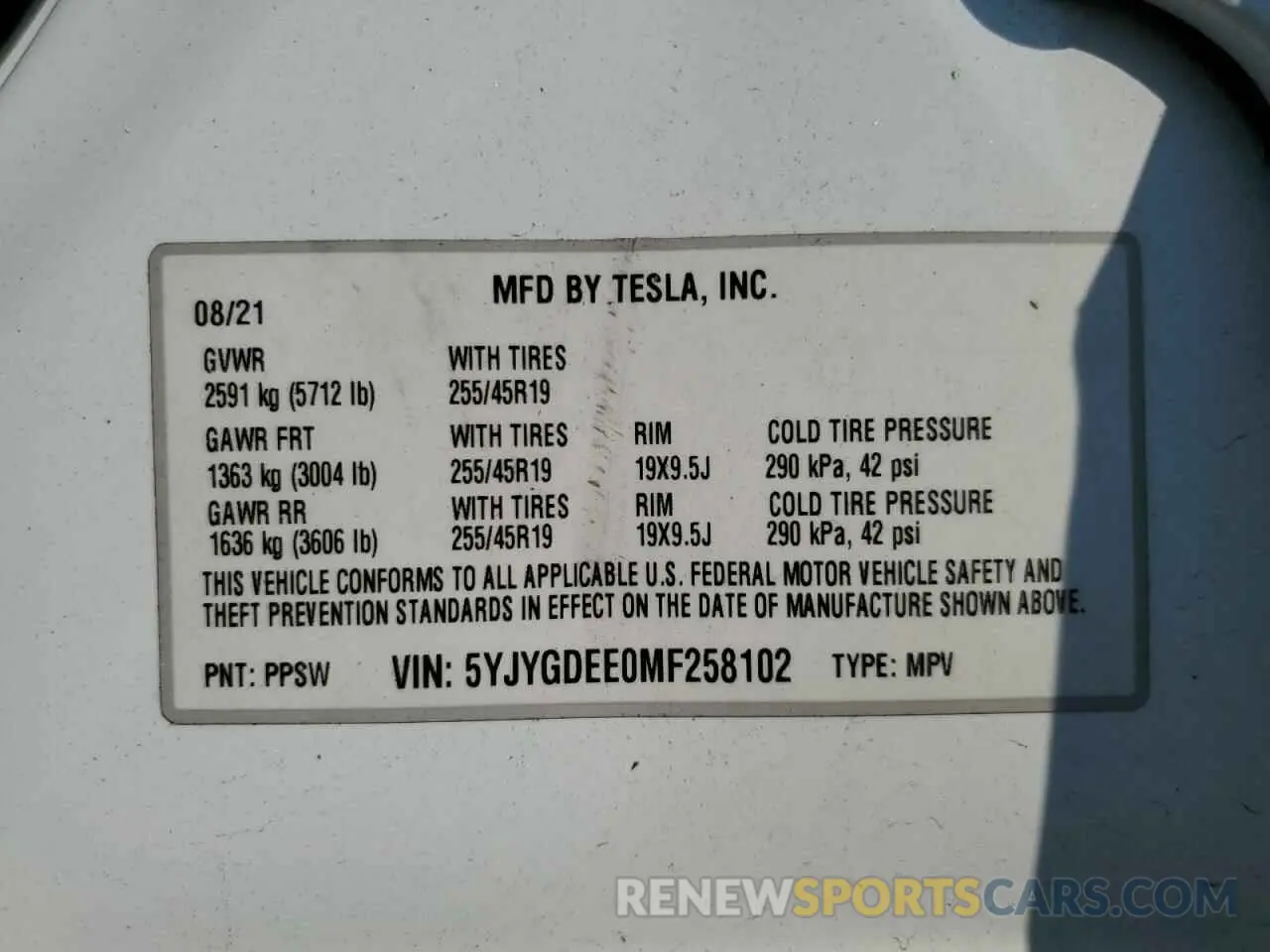 15 Photograph of a damaged car 5YJYGDEE0MF258102 TESLA MODEL Y 2021