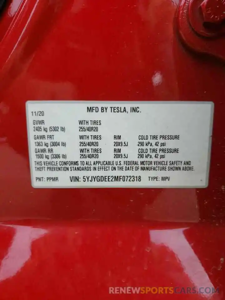 10 Photograph of a damaged car 5YJYGDEE2MF072318 TESLA MODEL Y 2021