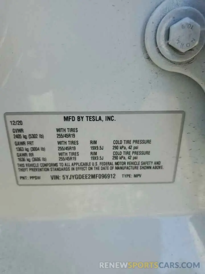 12 Photograph of a damaged car 5YJYGDEE2MF096912 TESLA MODEL Y 2021